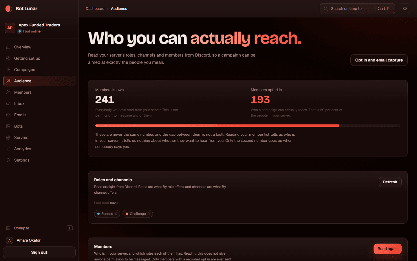 The audience page after reading members from Discord