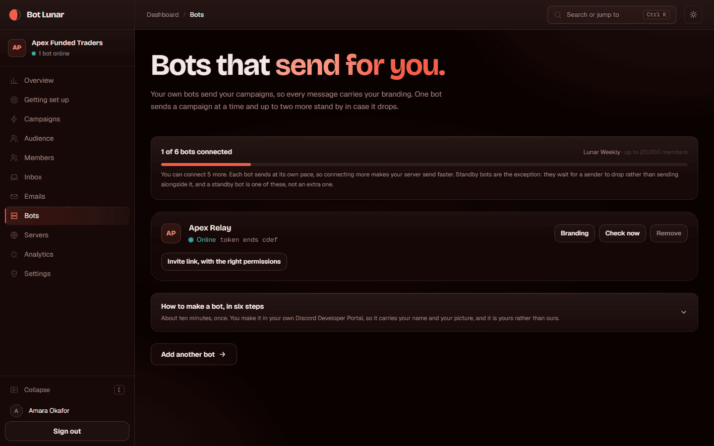 The bots page with a bot online