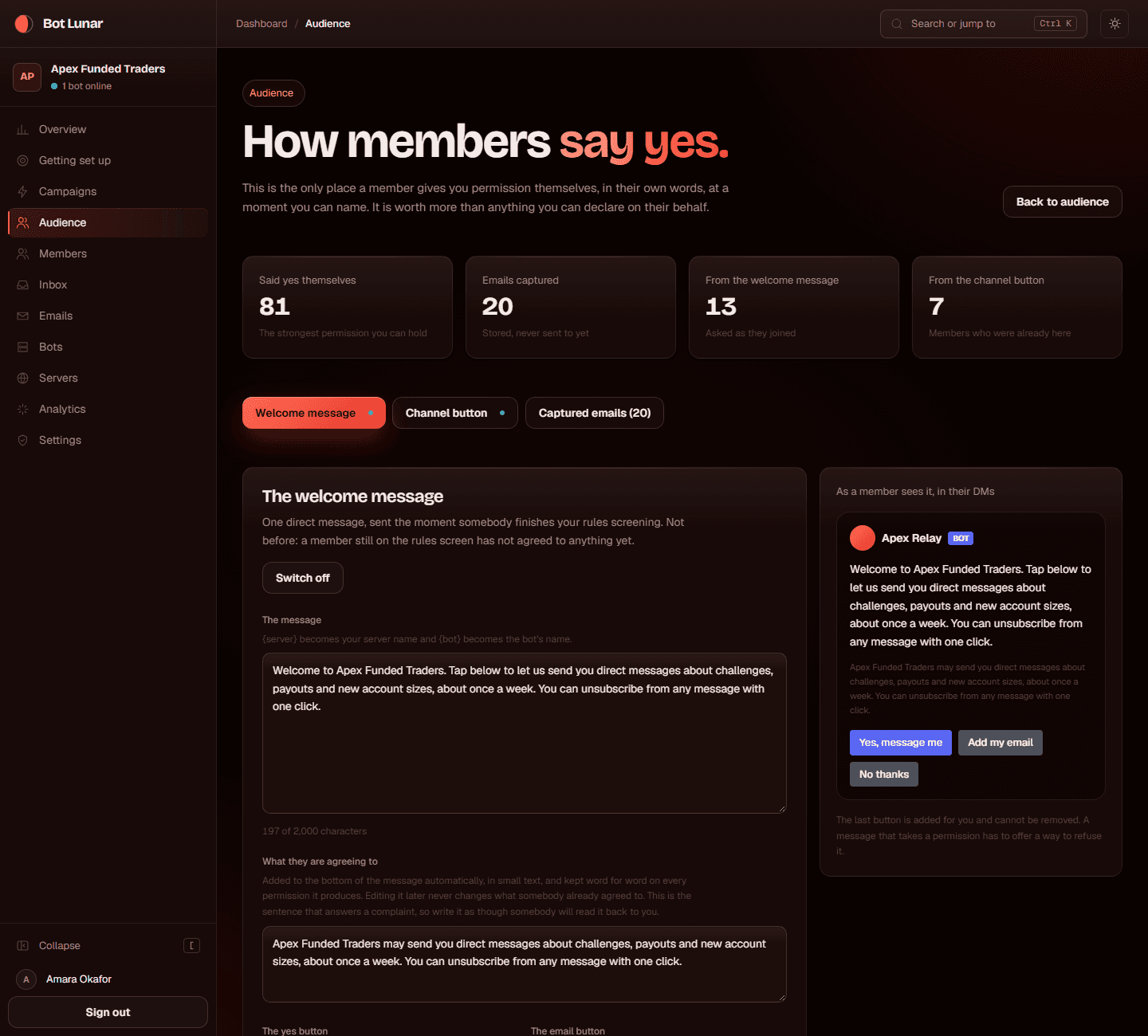 The welcome message panel with its preview