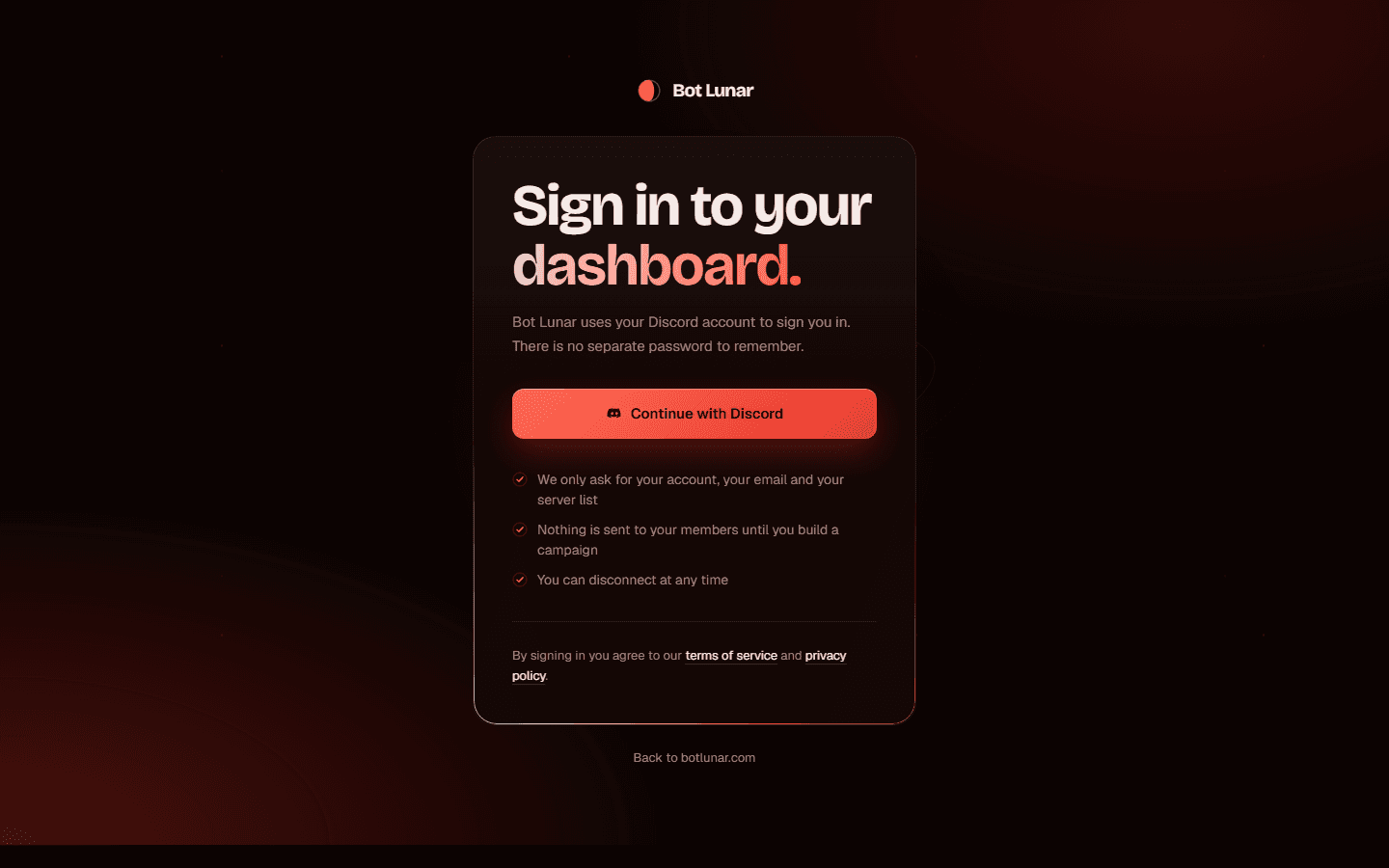 The BotLunar sign in page with the Connect Discord button